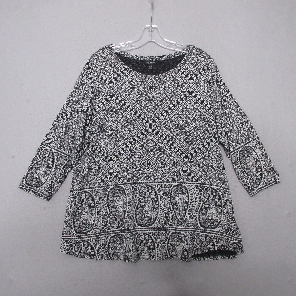 Lucky Brand Top Tunic Plus 1X Black White Paisley Medallion Boho 3/4 Sleeve